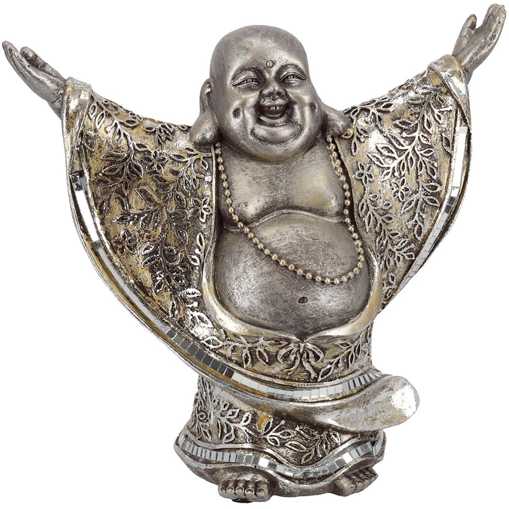 Statueta decorativa Buddha Funshi, rasina, 10 x 22 x 20 cm, argintiu