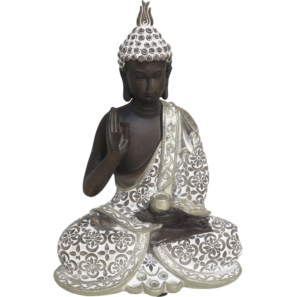 Statueta decorativa Buddha, rasina, 9 x 17 x 24 cm, argintiu