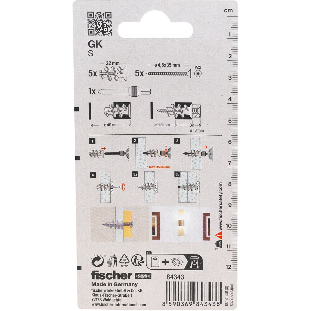 Surub cu diblu gips FISCHER GK, 12 x 22mm, 5buc