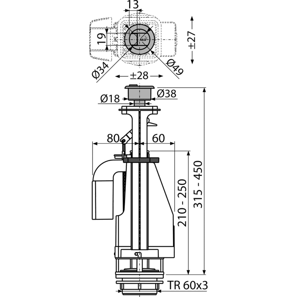 Mecanism de clatire WC ALCA A08A, dubla actionare, buton crom