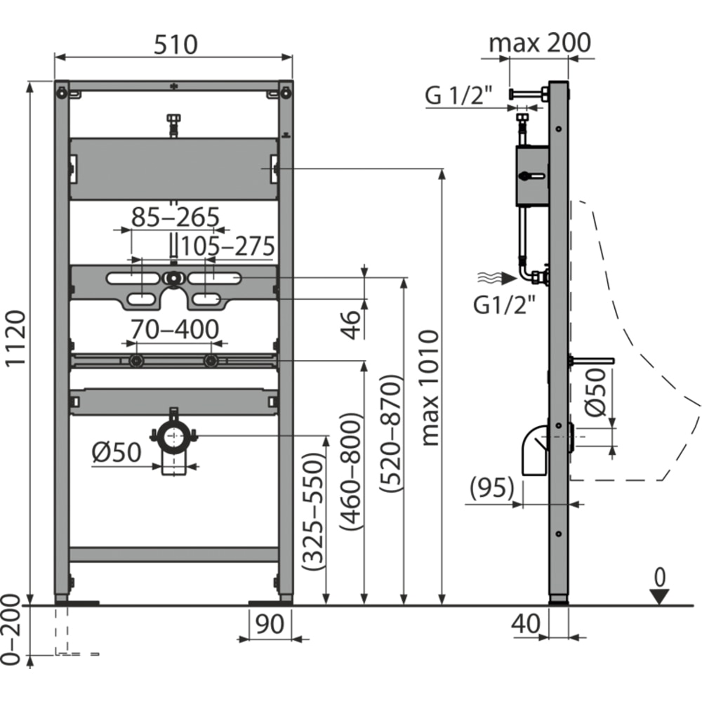 Cadru de montaj incastrat pentru pisoar ALCA A107S/1120, 112132 cm
