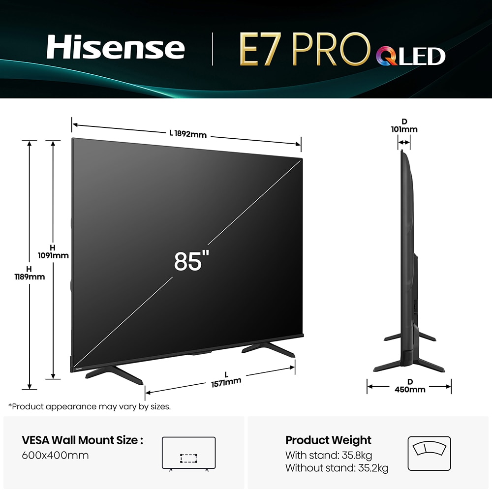 Televizor QLED Smart HISENSE 85E7Q PRO, Ultra HD 4k, 215cm