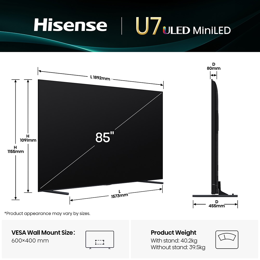 Televizor Mini-LED ULED  Smart HISENSE 85U7Q, Ultra HD 4K, 215cm