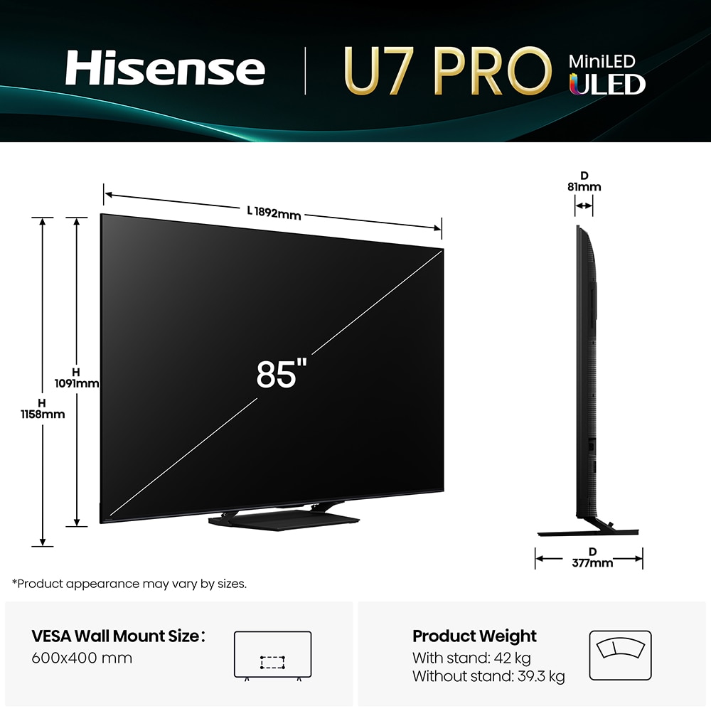 Televizor Mini-LED ULED  Smart HISENSE 85U7Q PRO, Ultra HD 4K,215cm
