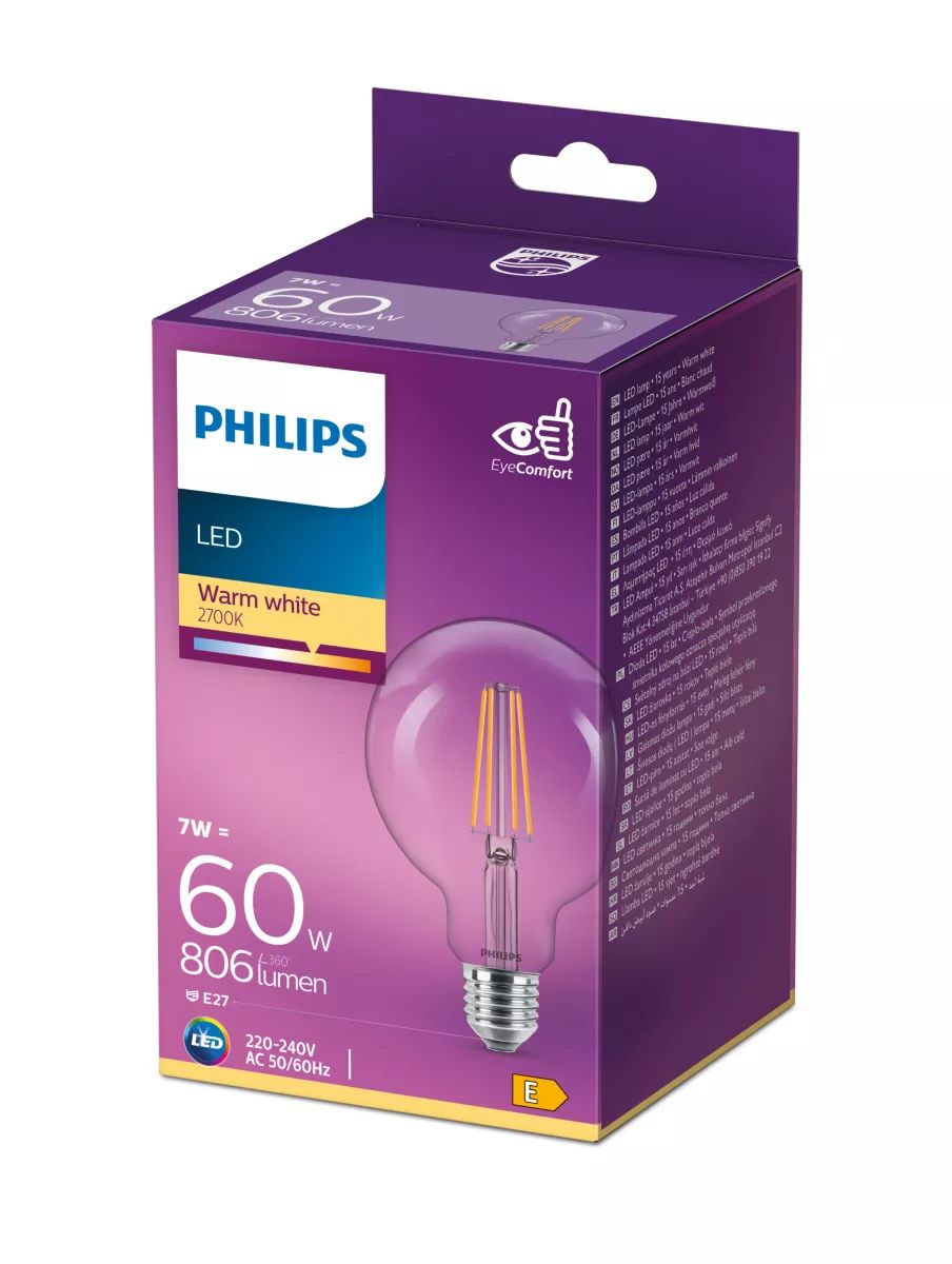 Bec LED decorativ, Filament Philips, 7W, E27, 2700K, transparent