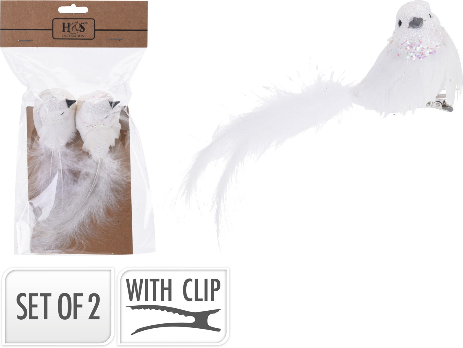 Decoratiune brad Pasare, 16 cm, 2 bucati, alb