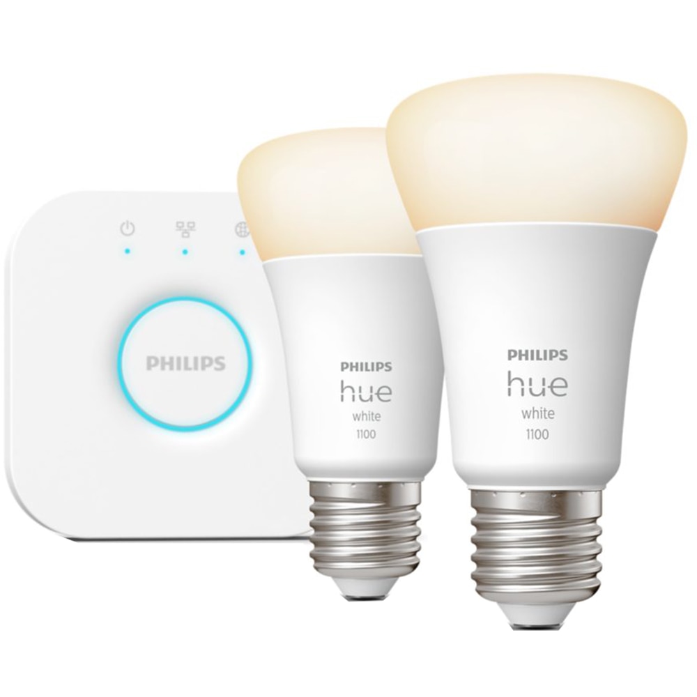 Kit 2 becuri LED PHILIPS HUE, E27, 9.5W, 1055lm, Bridge, Wi-Fi, lumina variabila, compatibil Alexa, Google Assistant