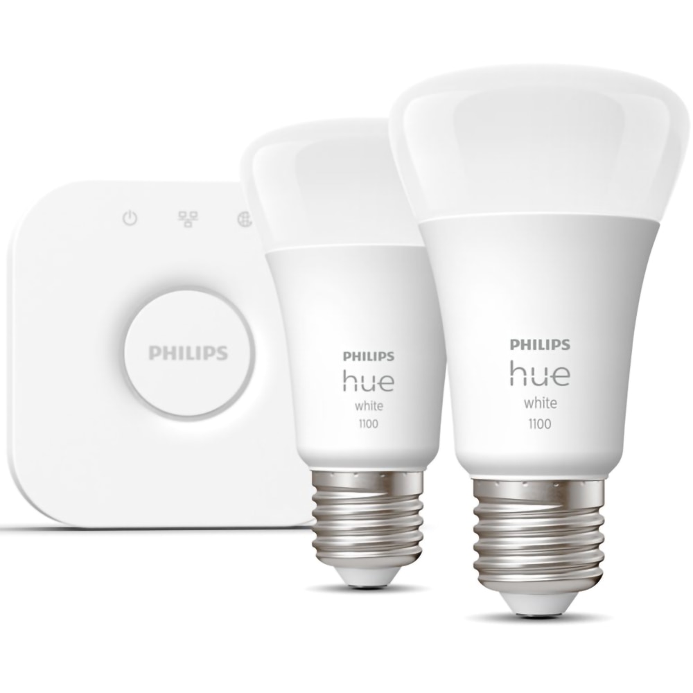 Kit 2 becuri LED PHILIPS HUE, E27, 9.5W, 1055lm, Bridge, Wi-Fi, lumina variabila, compatibil Alexa, Google Assistant
