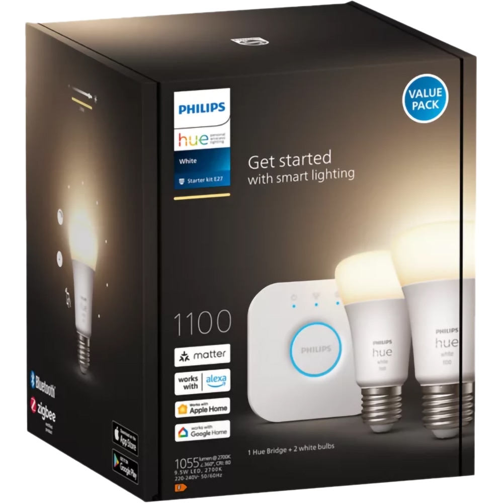 Kit 2 becuri LED PHILIPS HUE, E27, 9.5W, 1055lm, Bridge, Wi-Fi, lumina variabila, compatibil Alexa, Google Assistant