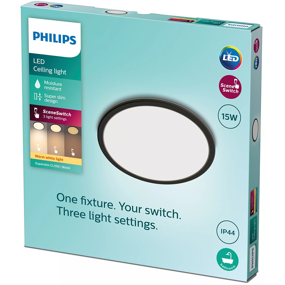 Plafoniera LED PHILIPS Super Slim 8719514327207, 15W, 1300lm, lumina calda, negru