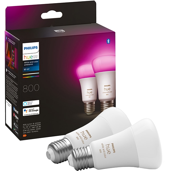 Pachet becuri LED PHILIPS Hue 8719514328365, A60 9W (60W), E27, Lumina RGB, 2 buc