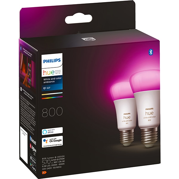 Pachet becuri LED PHILIPS Hue 8719514328365, A60 9W (60W), E27, Lumina RGB, 2 buc