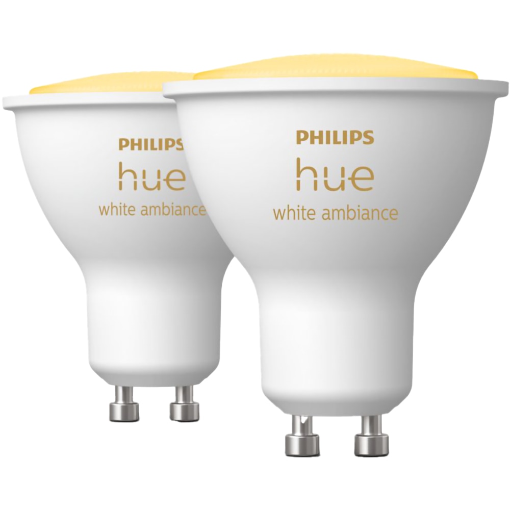 Set 2 becuri LED PHILIPS HUE, GU10, 5W, 350lm, Wi-Fi, lumina variabila, compatibil Alexa, Google Assistant