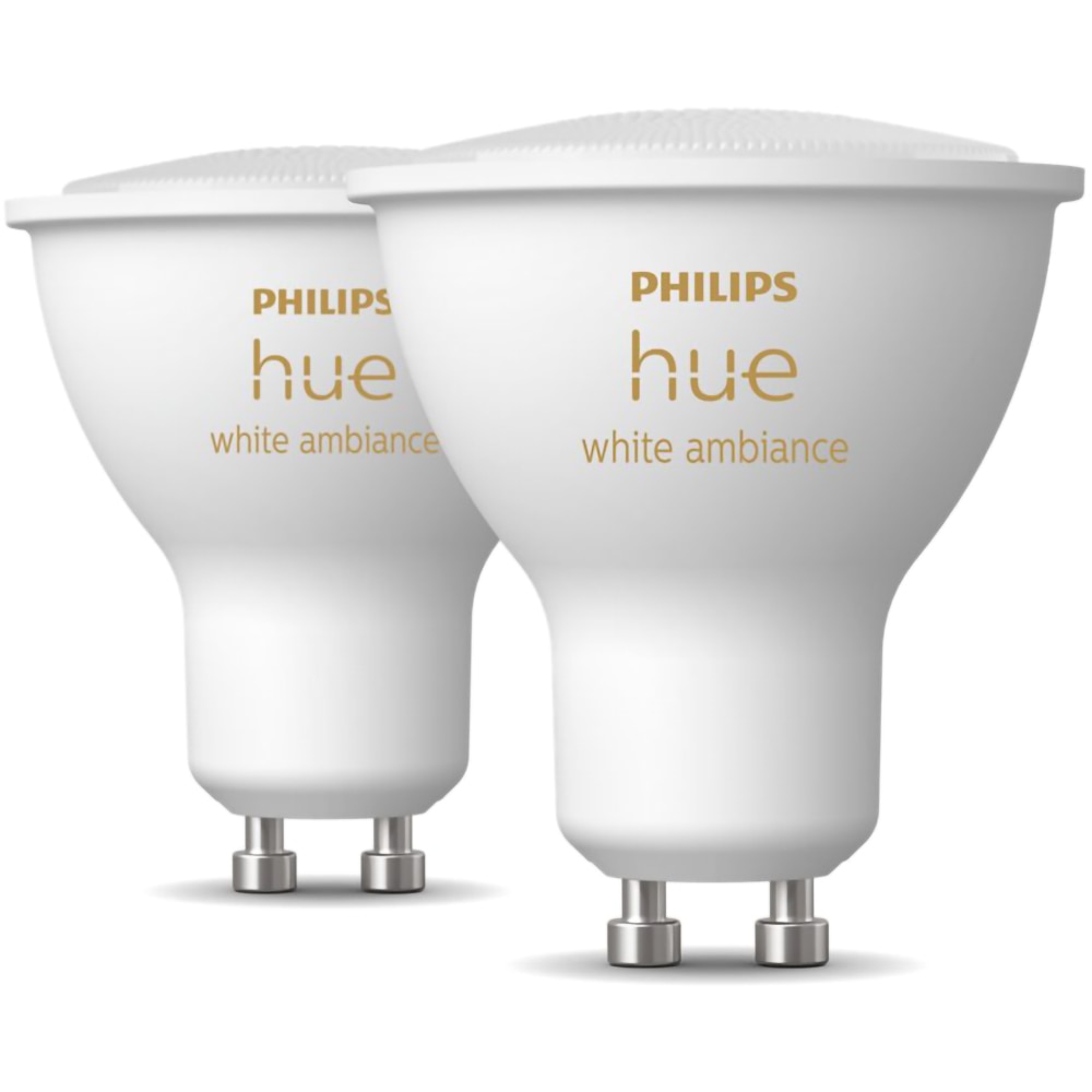 Set 2 becuri LED PHILIPS HUE, GU10, 5W, 350lm, Wi-Fi, lumina variabila, compatibil Alexa, Google Assistant