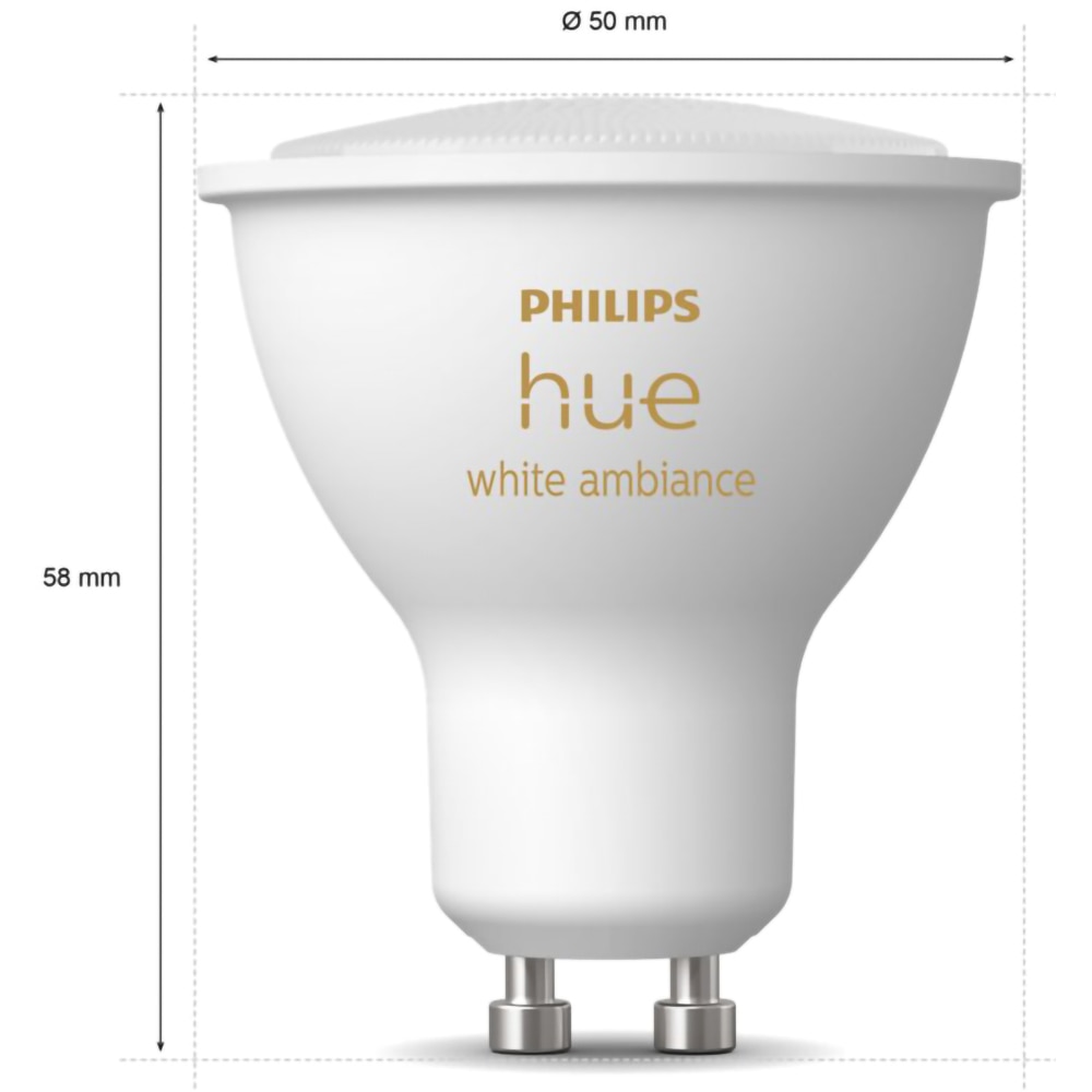 Set 2 becuri LED PHILIPS HUE, GU10, 5W, 350lm, Wi-Fi, lumina variabila, compatibil Alexa, Google Assistant