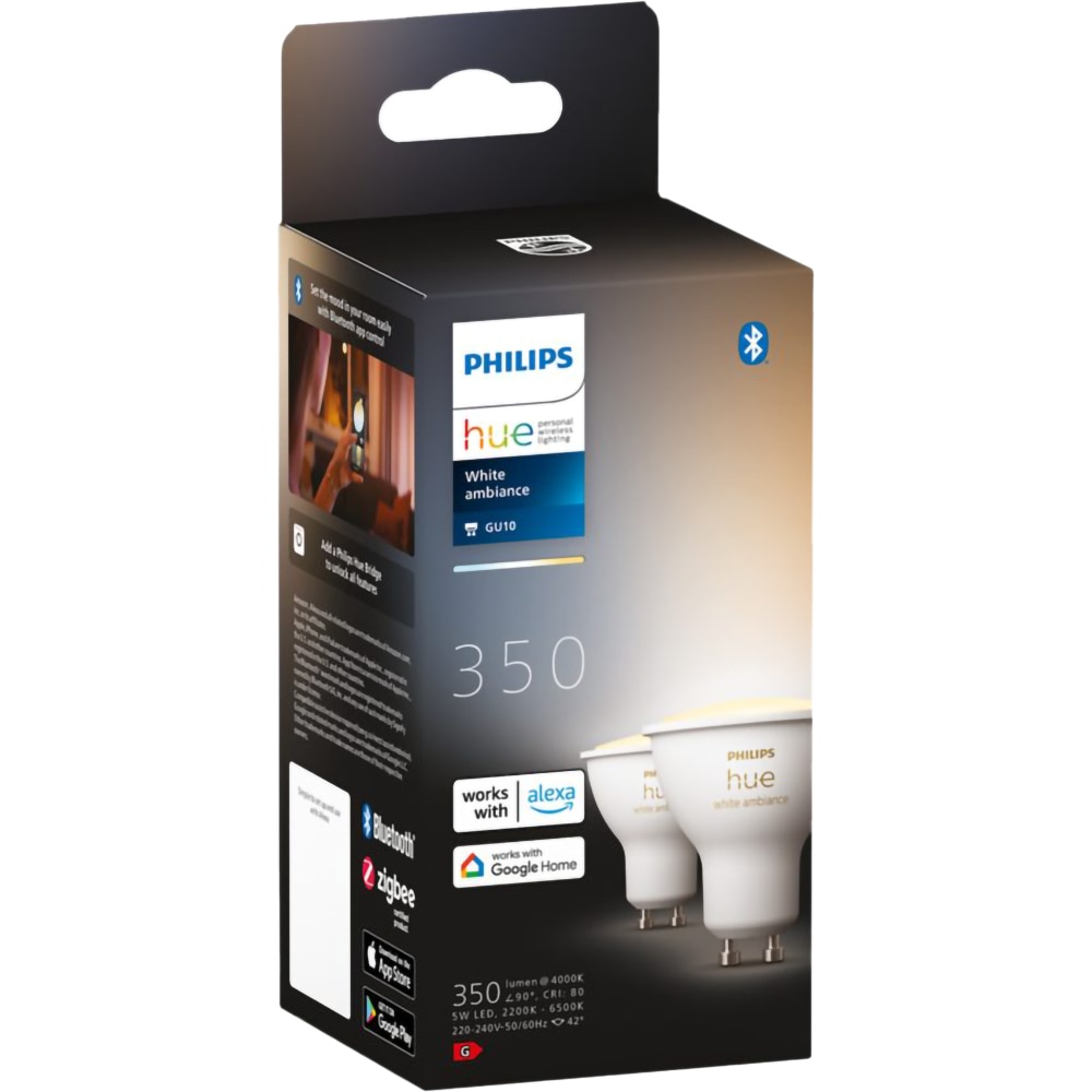 Set 2 becuri LED PHILIPS HUE, GU10, 5W, 350lm, Wi-Fi, lumina variabila, compatibil Alexa, Google Assistant