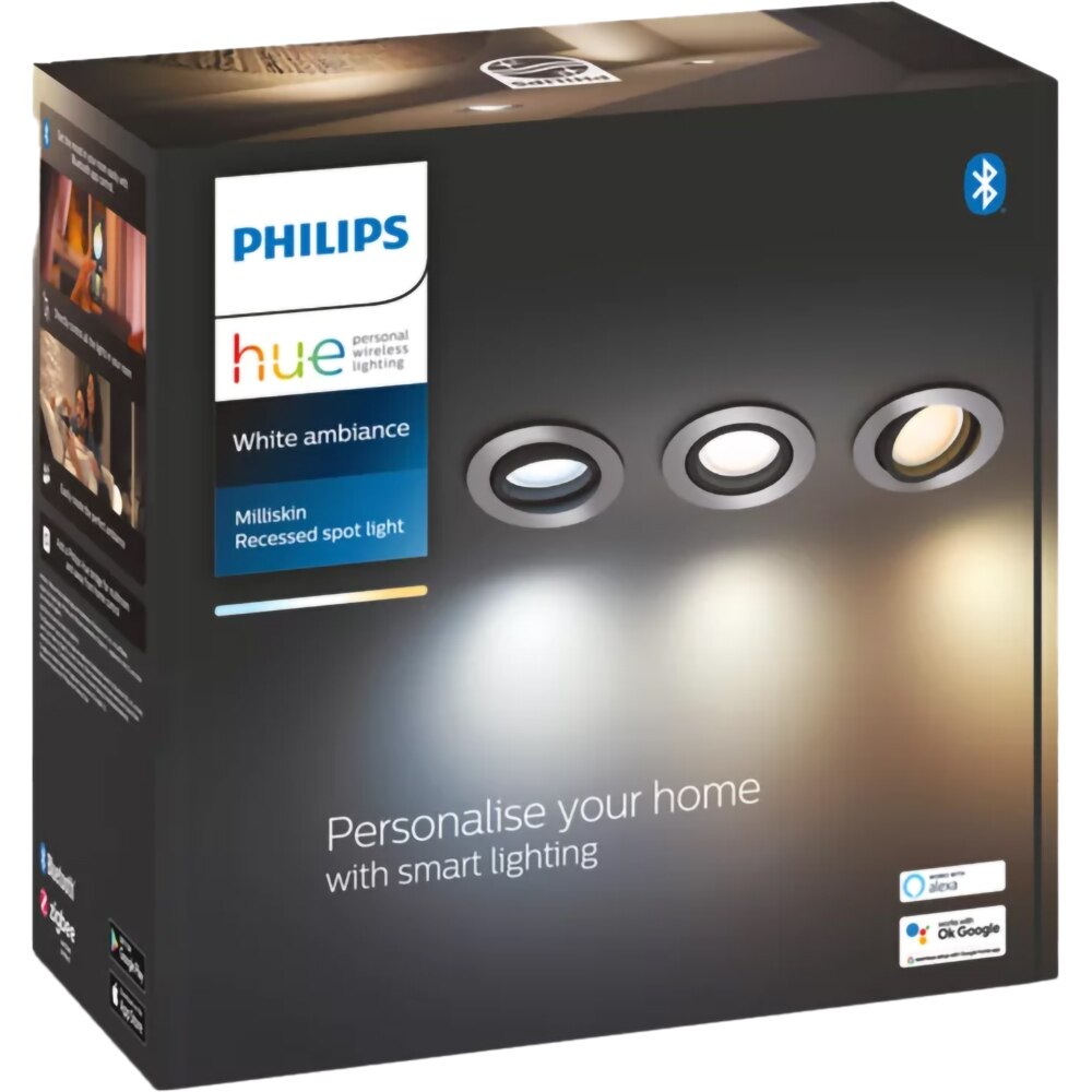 Set 3 spoturi LED smart PHILIPS HUE Milliskin, 3 x 5W, 1050lm, IP20, aluminiu