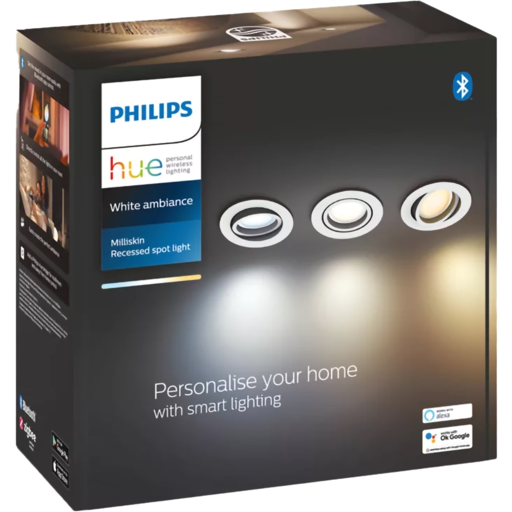 Set 3 spoturi LED smart PHILIPS HUE Milliskin, 3 x 5W, 1050lm, IP20, alb