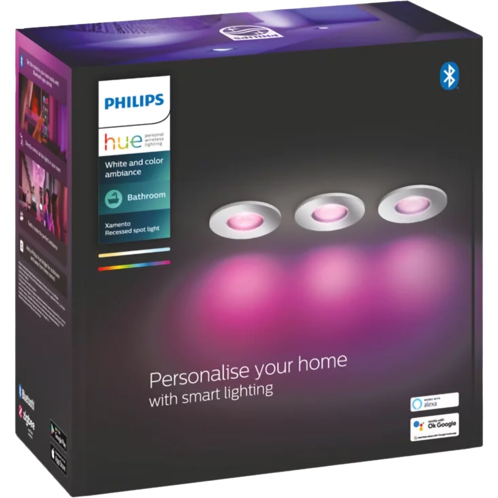 Set 3 spoturi LED smart PHILIPS HUE Xamento, 3 x 5.7W, 1050lm, IP44, crom