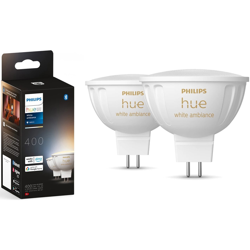 Set 2 becuri LED PHILIPS HUE, GU5.3, 5.1W, 400lm, Wi-Fi, lumina variabila, compatibil Alexa, Google Assistant