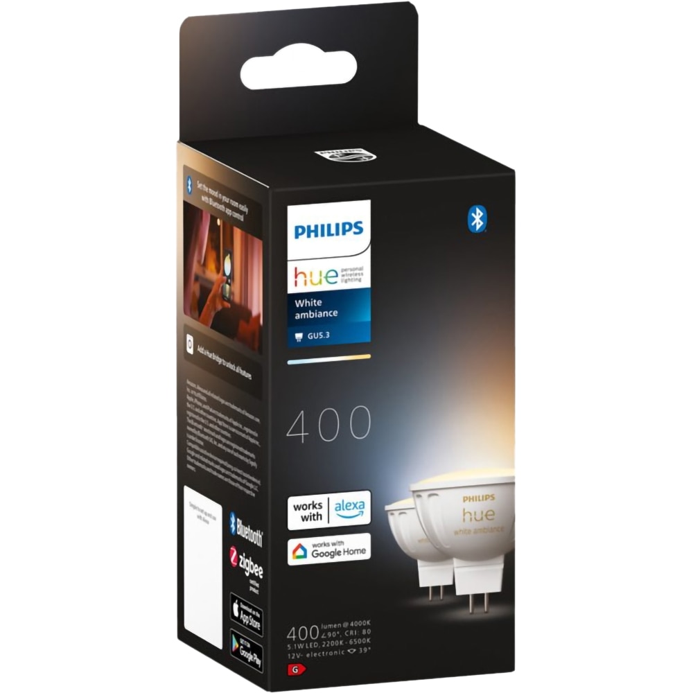 Set 2 becuri LED PHILIPS HUE, GU5.3, 5.1W, 400lm, Wi-Fi, lumina variabila, compatibil Alexa, Google Assistant