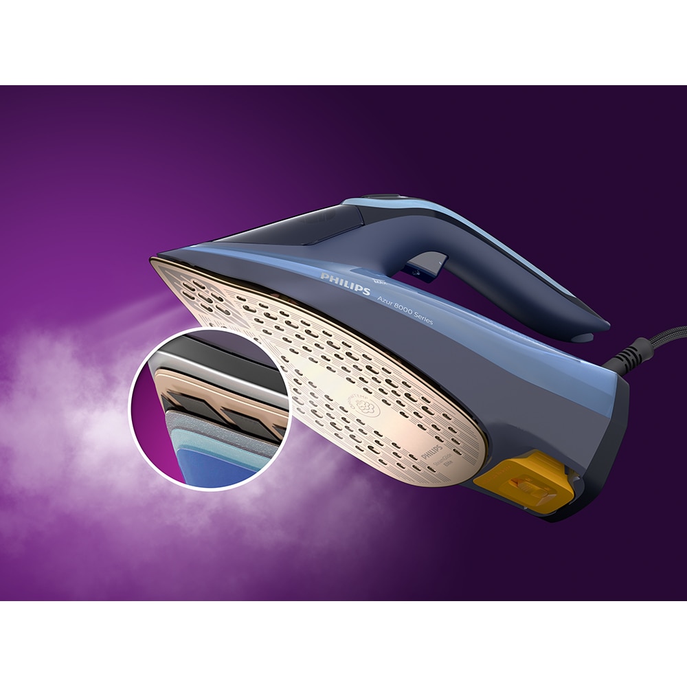 Fier de calcat PHILIPS Azur 8000 DST8020/20, 3000W, 240g/min, 300ml, talpa SteamGlide Elite, albastru-bleumarin