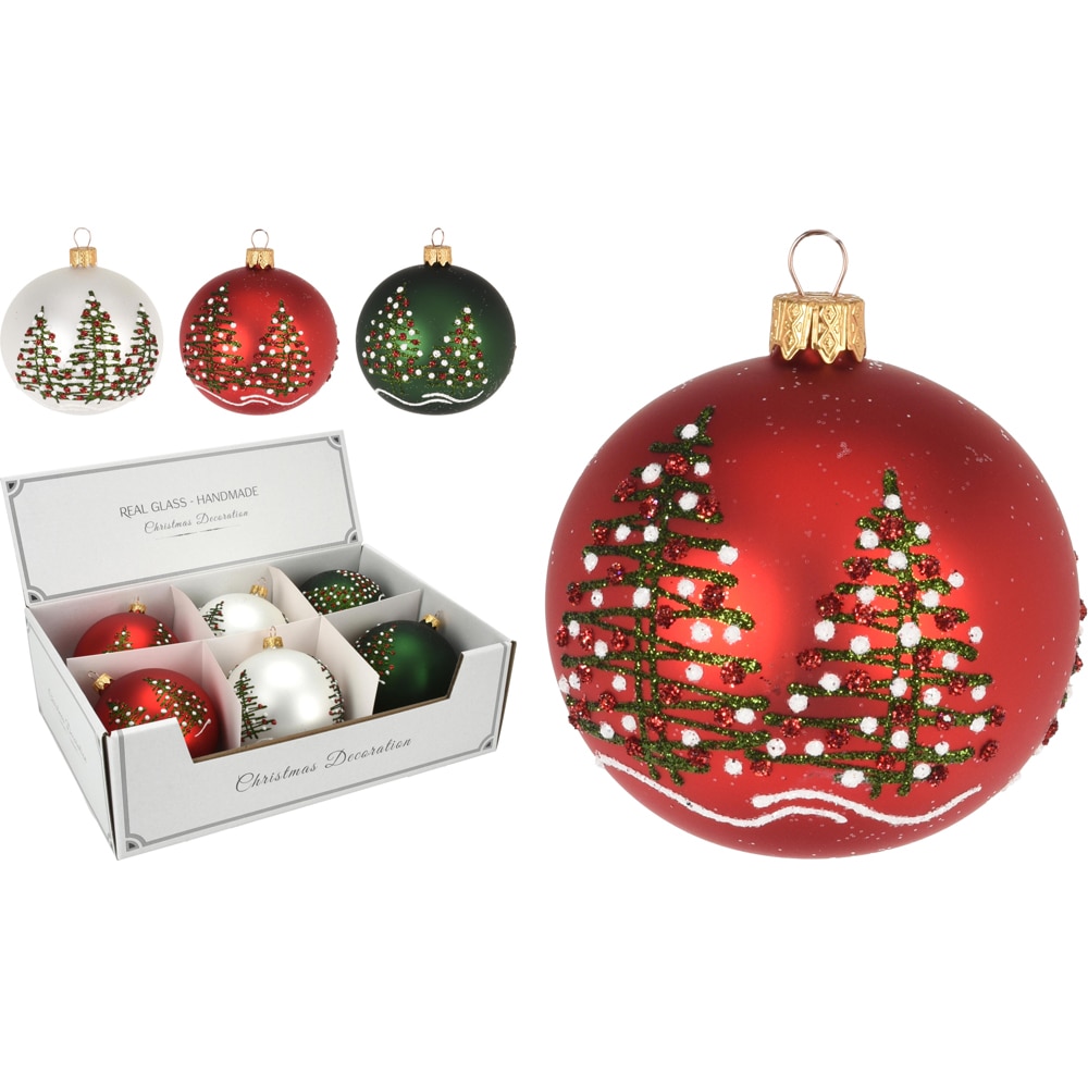 Glob de Craciun lucrat manual, decor brazi, 10 cm
