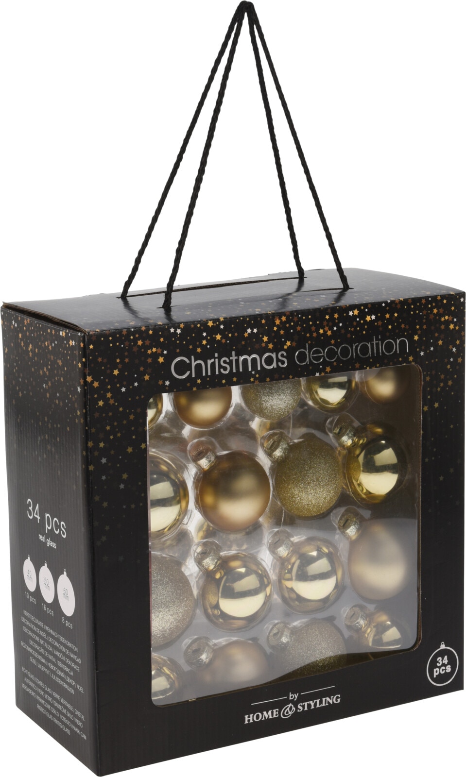 Set globuri sticla, 34 piese, diverse dimensiuni, auriu