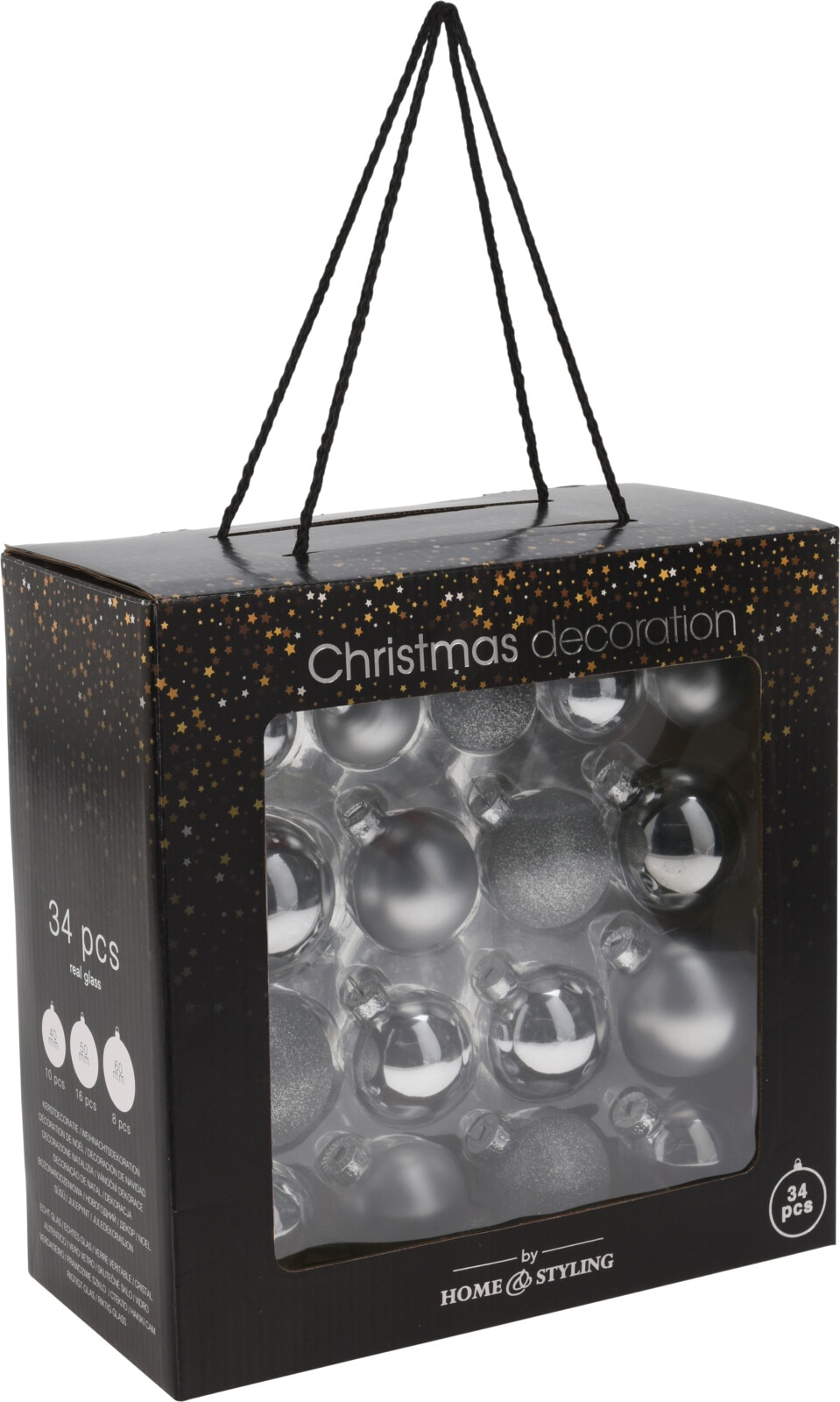 Set globuri Craciun, sticla, 4-6 cm, argintiu, 34 bucati