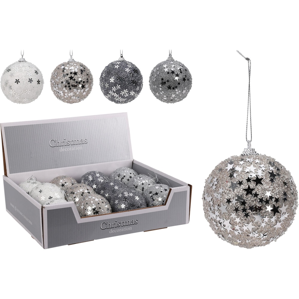 Glob brad de Craciun cu glitter, 8 cm, argintiu