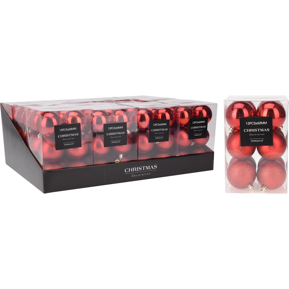 Set 12 globuri de Craciun cu diferite texturi, 6 cm, rosu