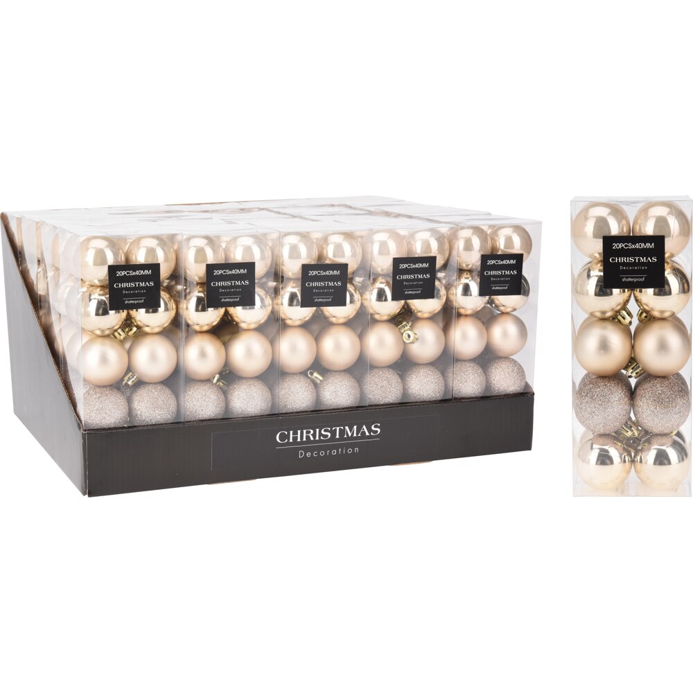 Set 20 globuri de Craciun cu diferite texturi, 4 cm, bej