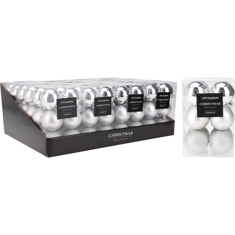Set 12 globuri de Craciun cu diferite texturi, 6 cm, argintiu