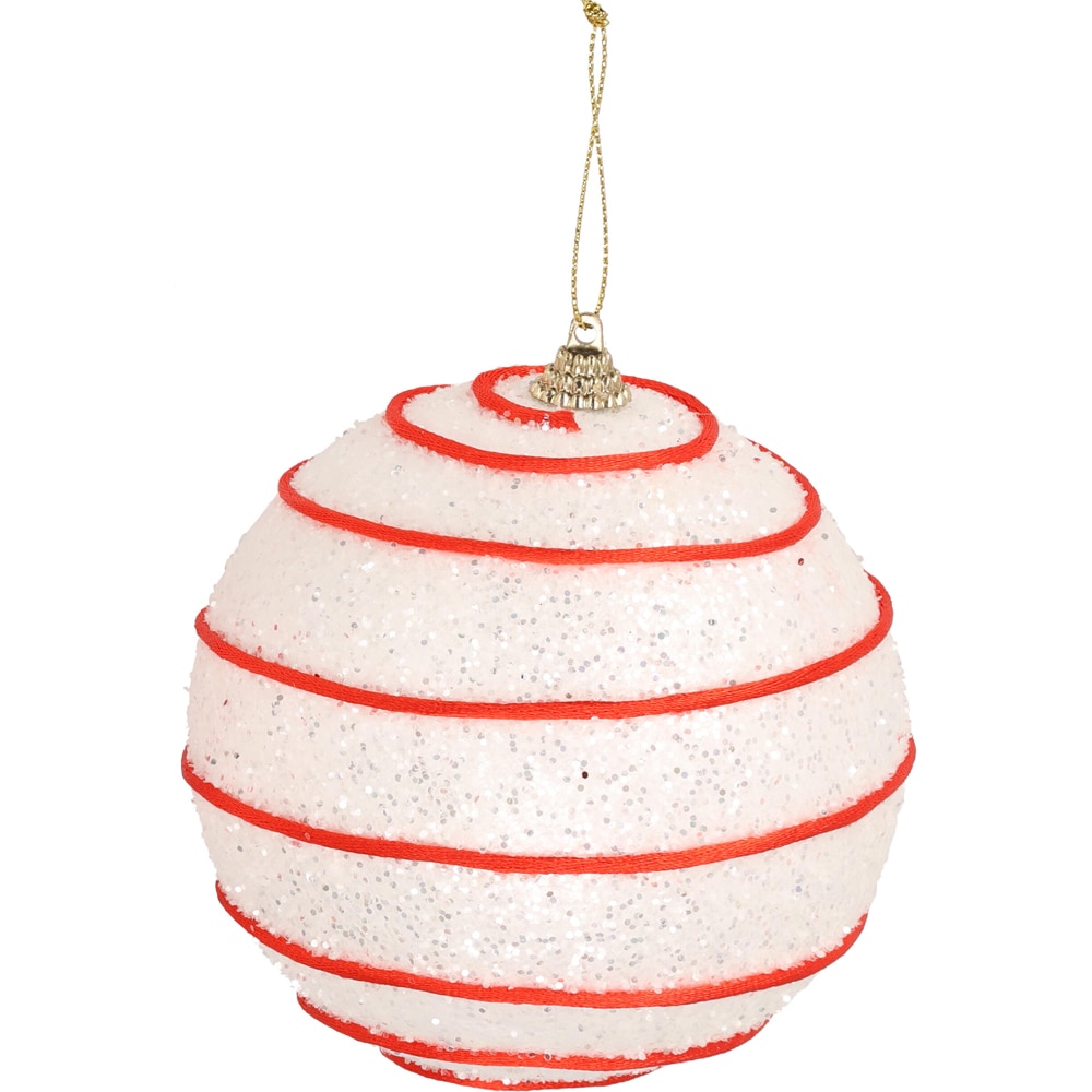 Glob brad de Craciun cu glitter si snur, 10 cm, alb-rosu