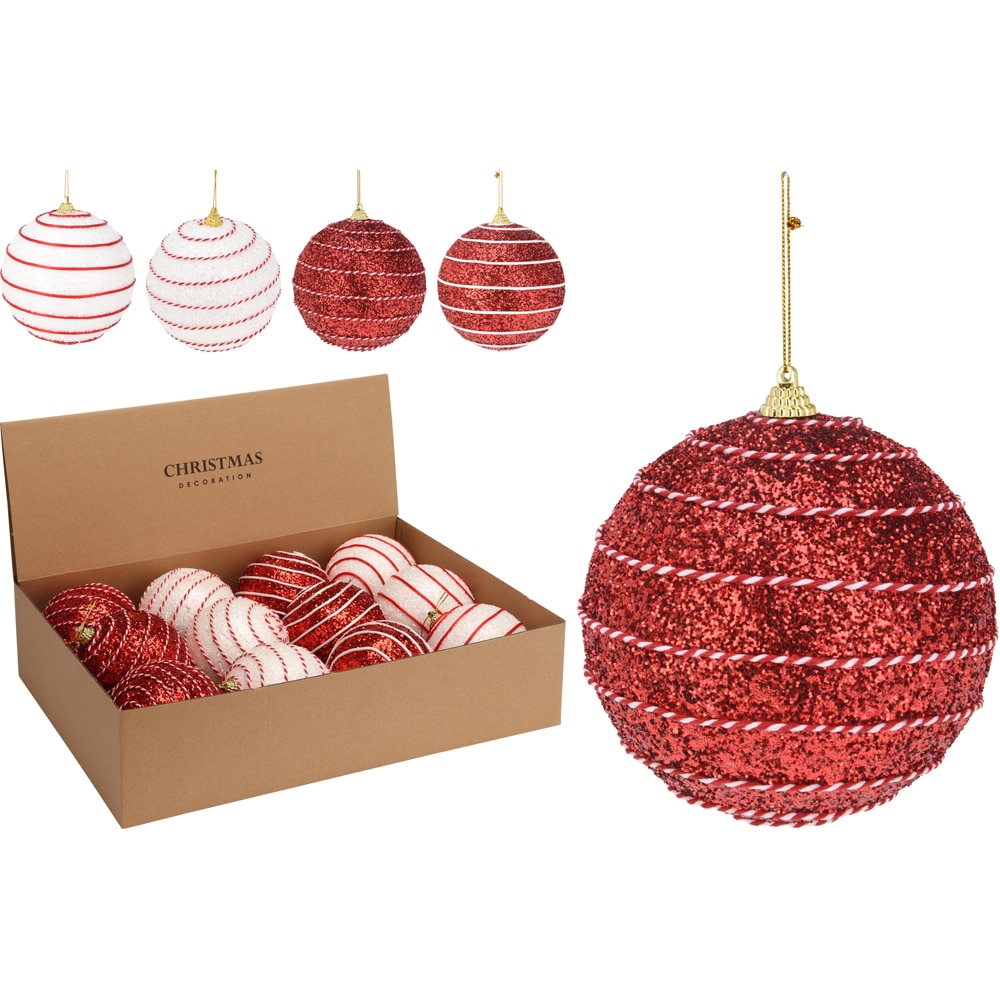 Glob brad de Craciun cu glitter si snur, 10 cm, alb-rosu