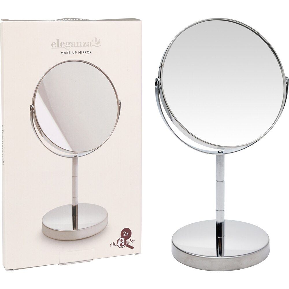 Oglinda cosmetica Eleganza, diametru 14 cm, suport metalic, 2 fete