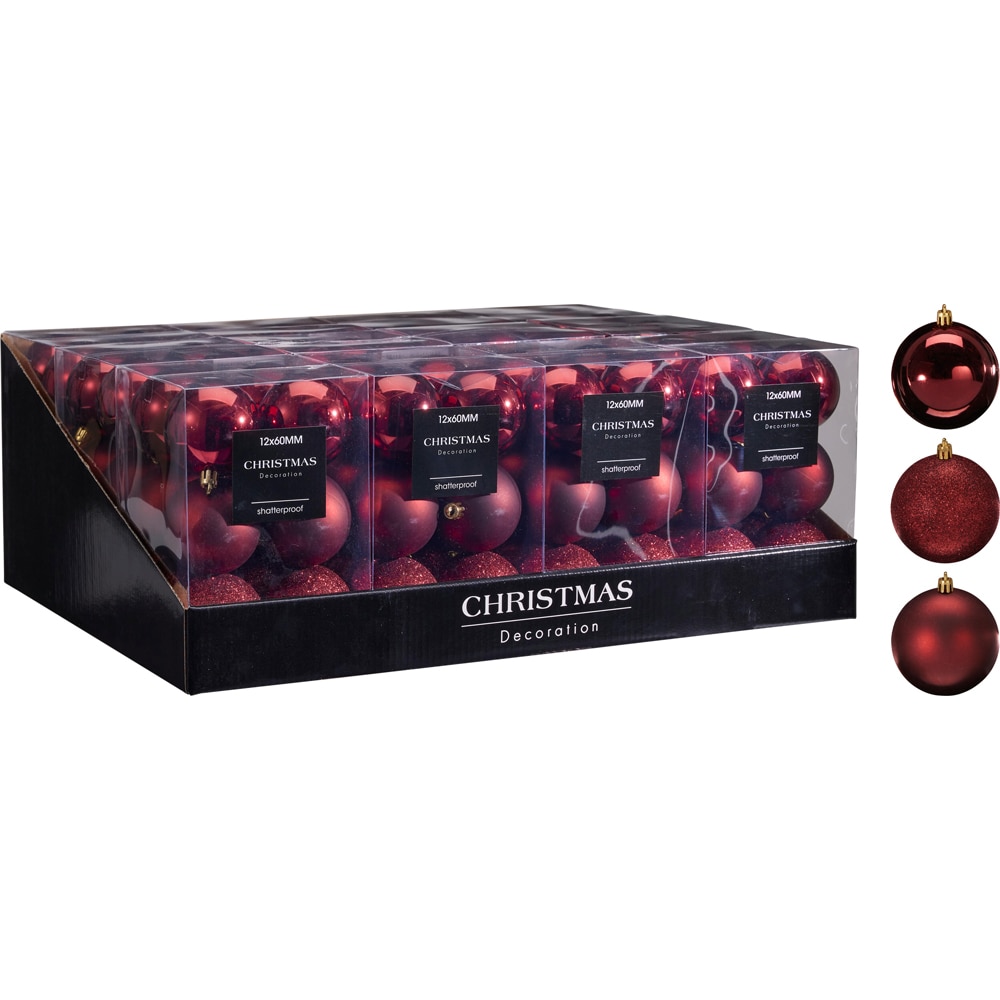 Set 12 globuri Craciun, 6 cm, rosu inchis
