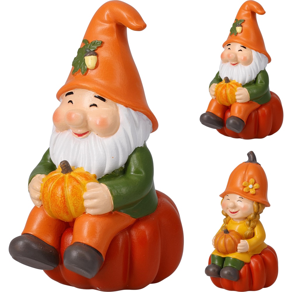 Decoratiune gnom asezat pe dovleac, 10 x 7.5 x 15 cm