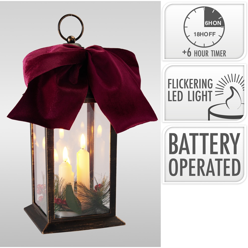 Decoratiune luminoasa Felinar cu lumanare, LED, 14 x 30 cm, negru-visiniu