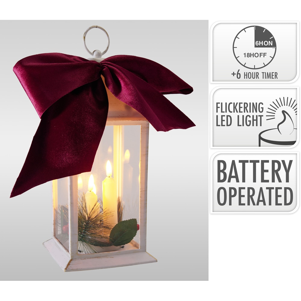 Felinar cu lumanare LED si fundita, 14 x 30 cm, alb
