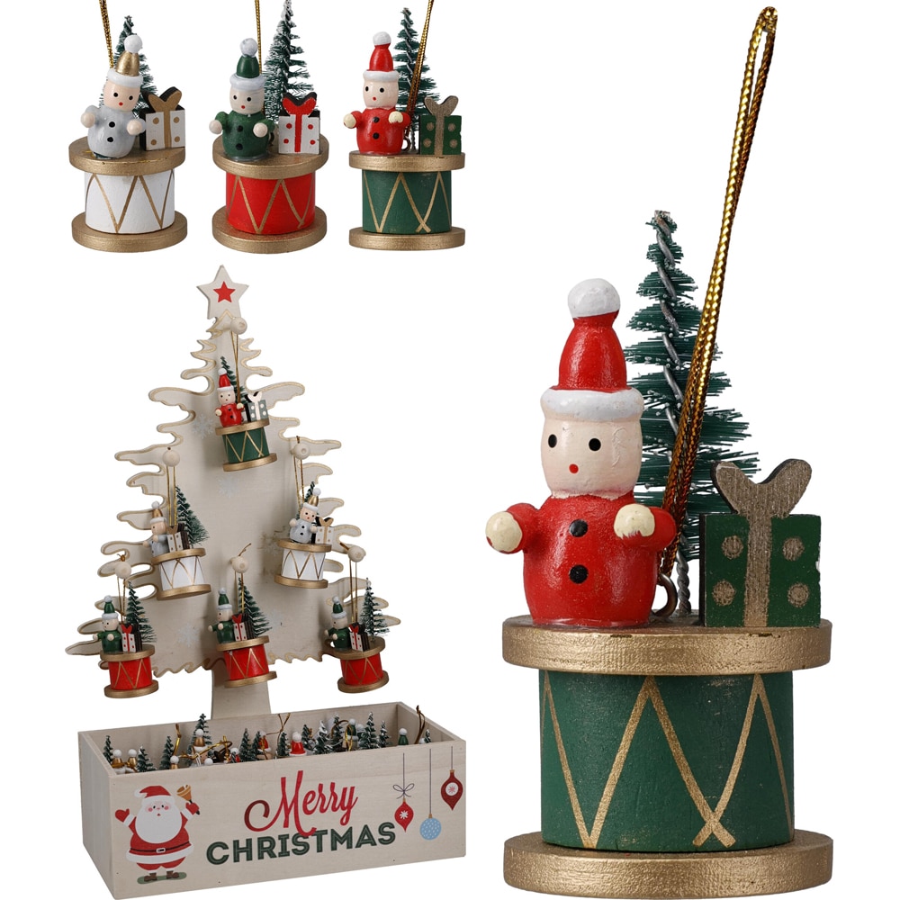 Decoratiune din lemn pentru brad in forma de toba, 3.5 x 7 cm