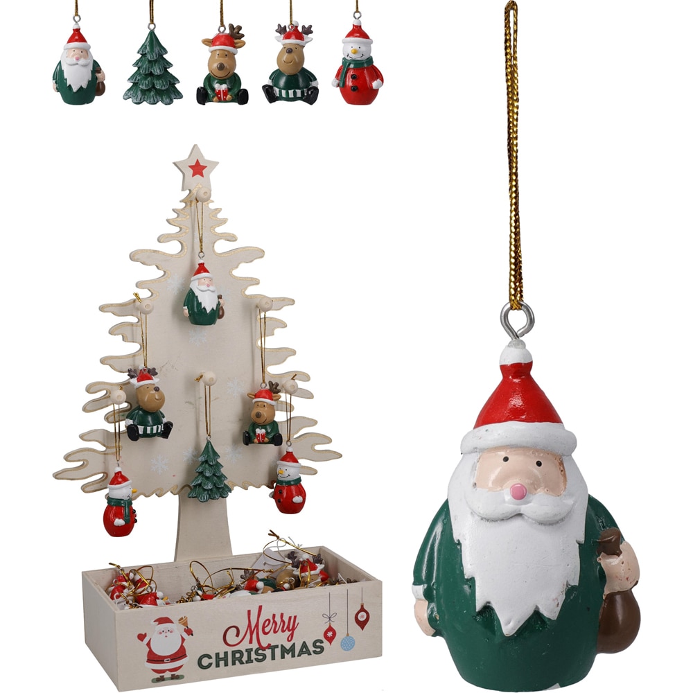 Decoratiune din lemn pentru brad cu figurine de Craciun, 5.5 cm