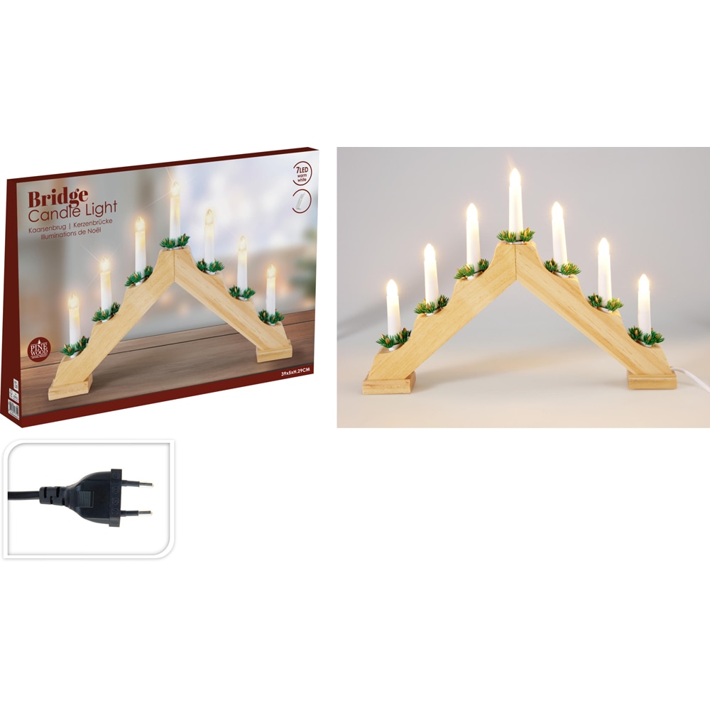 Pod luminos de Craciun cu 7 LED-uri si baza din lemn natur, alimentare la priza