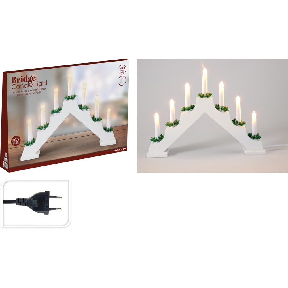Pod luminos de Craciun cu 7 LED-uri si baza din lemn, alimentare la priza, alb