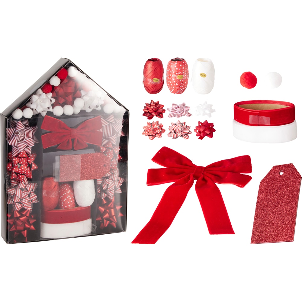 Set accesorii pentru impachetat cadouri, alb-rosu