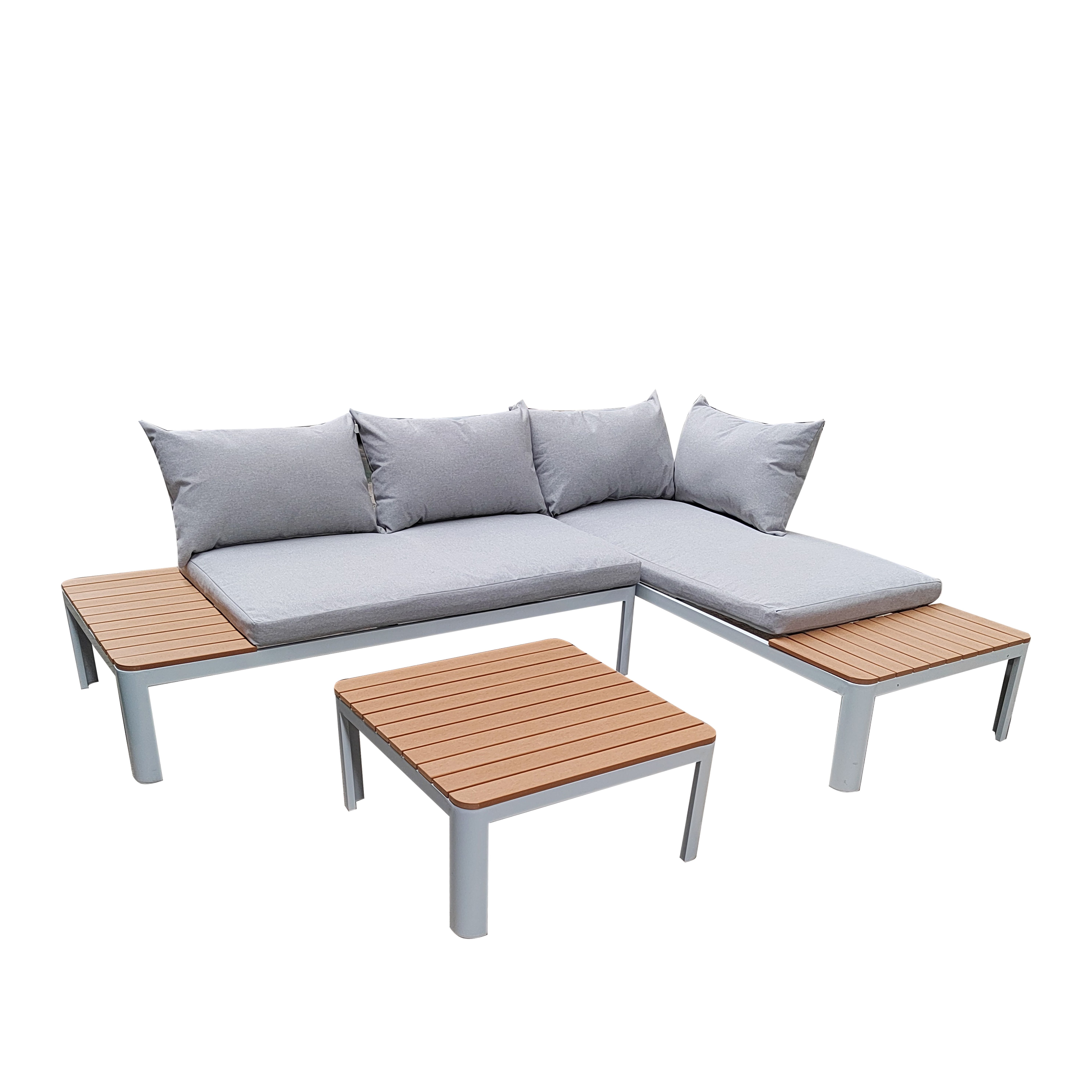 Set mobilier gradina, aluminiu, masuta + coltar, 3 piese, maro-gri