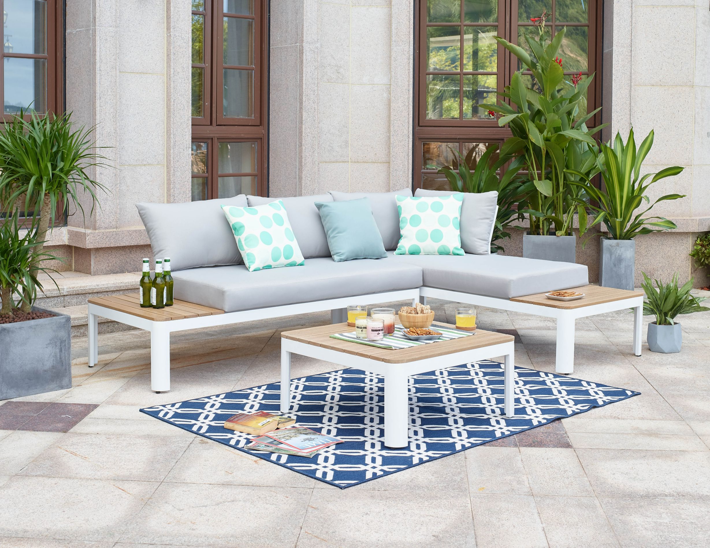 Set mobilier gradina, aluminiu, masuta + coltar, 3 piese, maro-gri