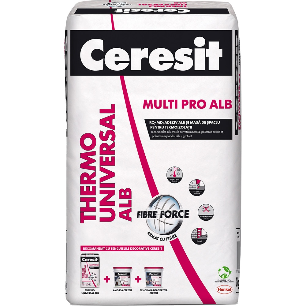 Adeziv si masa spaclu pentru termoizolatii CERESIT Thermo Universal, alb, 25 kg