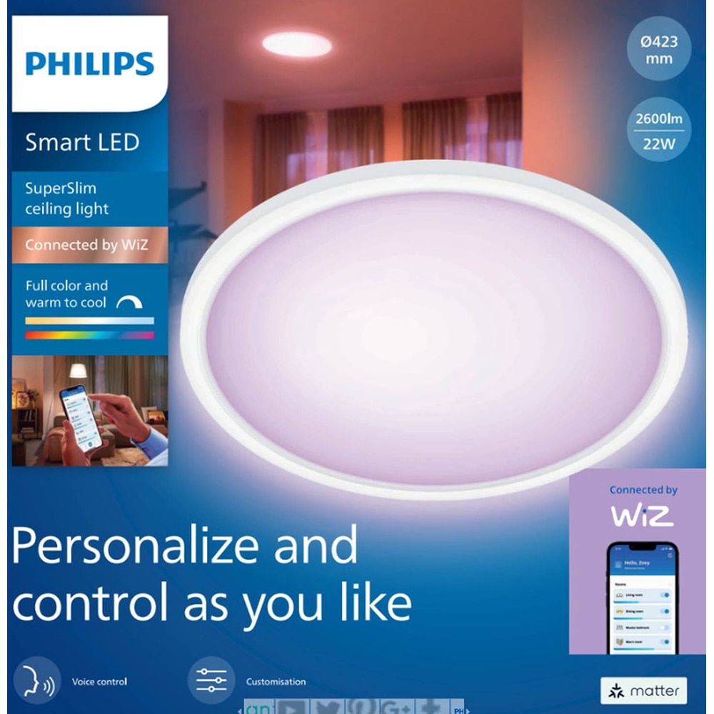 Plafoniera LED RGB, PHILIPS Superslim, 22W, IP20, aluminiu plastic, alb