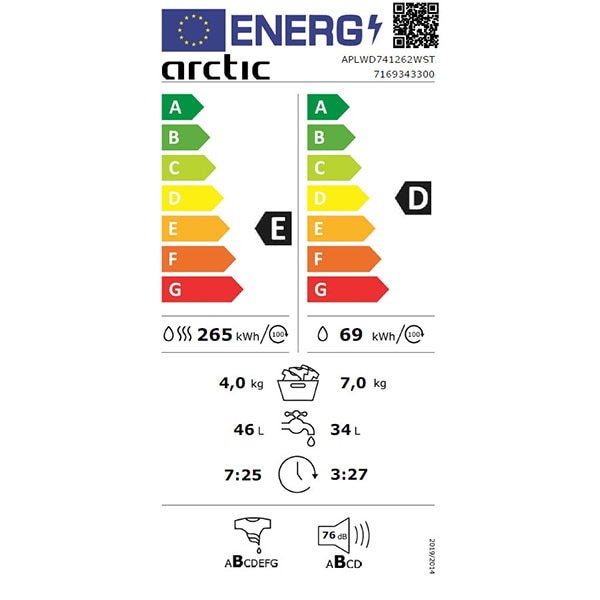 Masina de spalat rufe frontala cu uscator ARCTIC APLWD741262WST, 7/4 kg, 1200rpm, Clasa D/E, alb